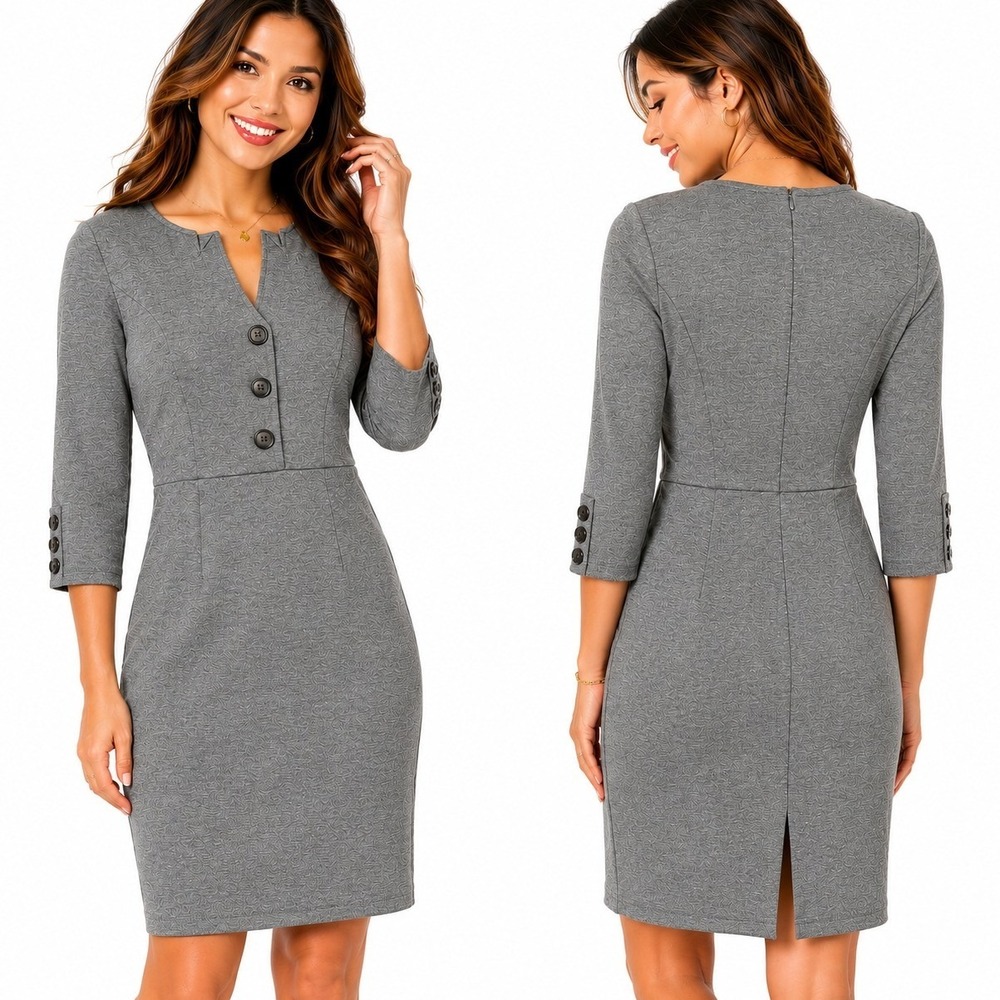Grace Karin Sheath Dress Women Medium Gray New 3/4 Sleeve Button‎ Detail Office